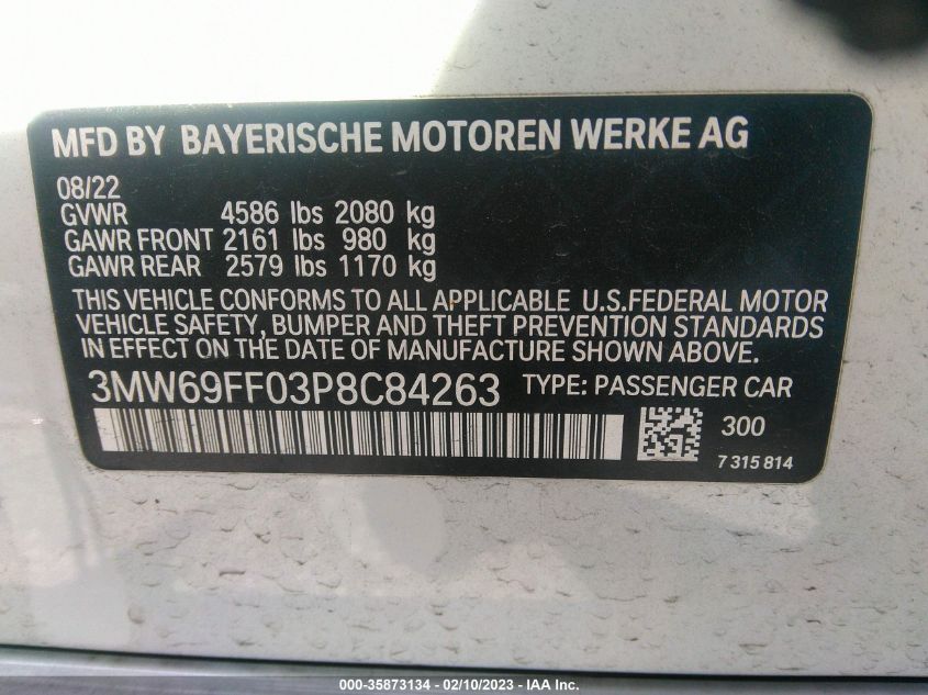 2023 BMW 330I VIN: 3MW69FF03P8C84263 Lot: 39243223