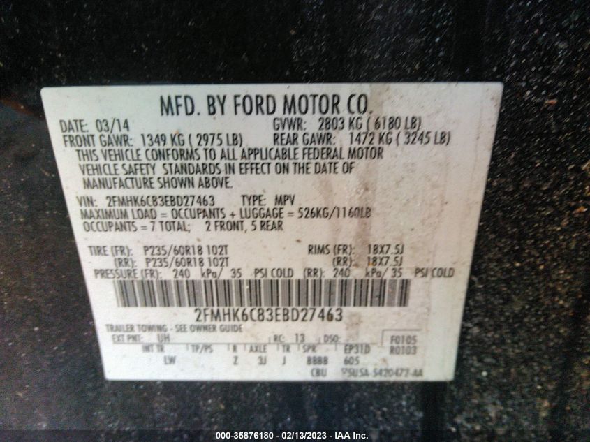 2FMHK6C83EBD27463 2014 Ford Flex Sel