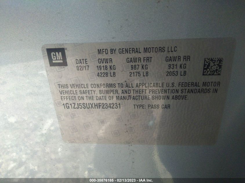 2017 Chevrolet Malibu Hybrid VIN: 1G1ZJ5SUXHF234231 Lot: 35876185