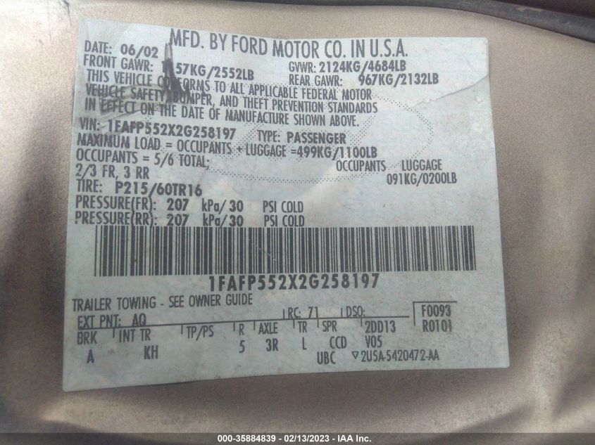 1FAFP552X2G258197 2002 Ford Taurus Ses Standard