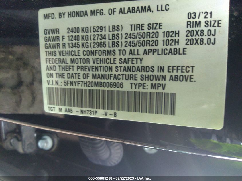 5FNYF7H20MB006906 2021 Honda Passport 2Wd Sport