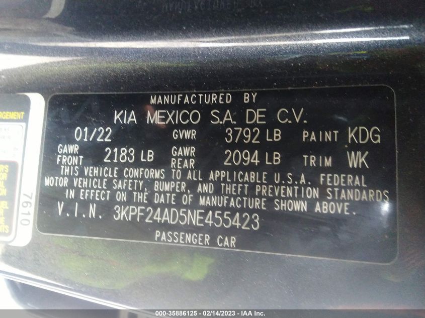 3KPF24AD5NE455423 2022 Kia Forte Lxs