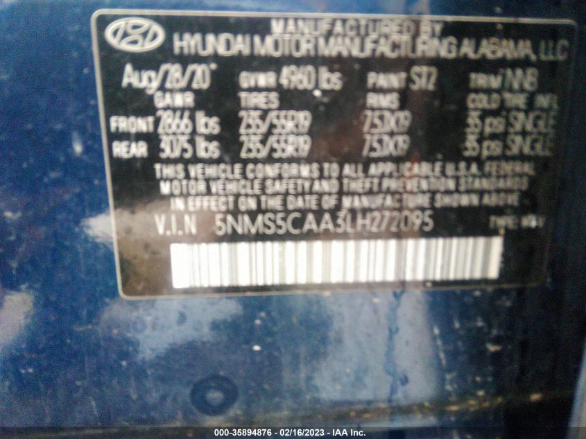 5NMS5CAA3LH272095 2020 Hyundai Santa Fe Limited 2.0T