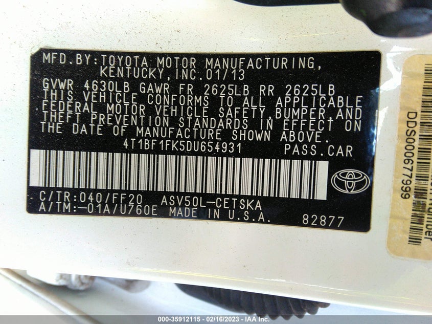 2013 TOYOTA CAMRY VIN: 4T1BF1FK5DU654931