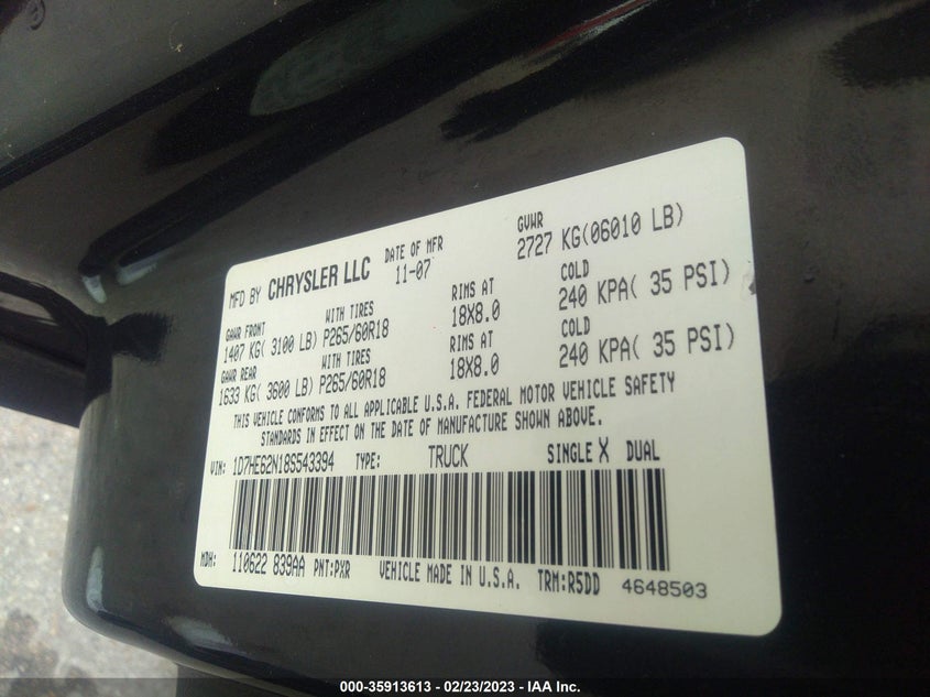 2008 Dodge Dakota Sport VIN: 1D7HE62N18S543394 Lot: 35913613