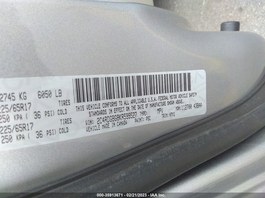 2019 Dodge Grand Caravan Se VIN: 2C4RDGBG8KR599527 Lot: 35913671