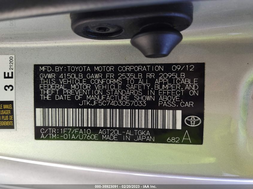 JTKJF5C74D3057033 2013 Scion Tc