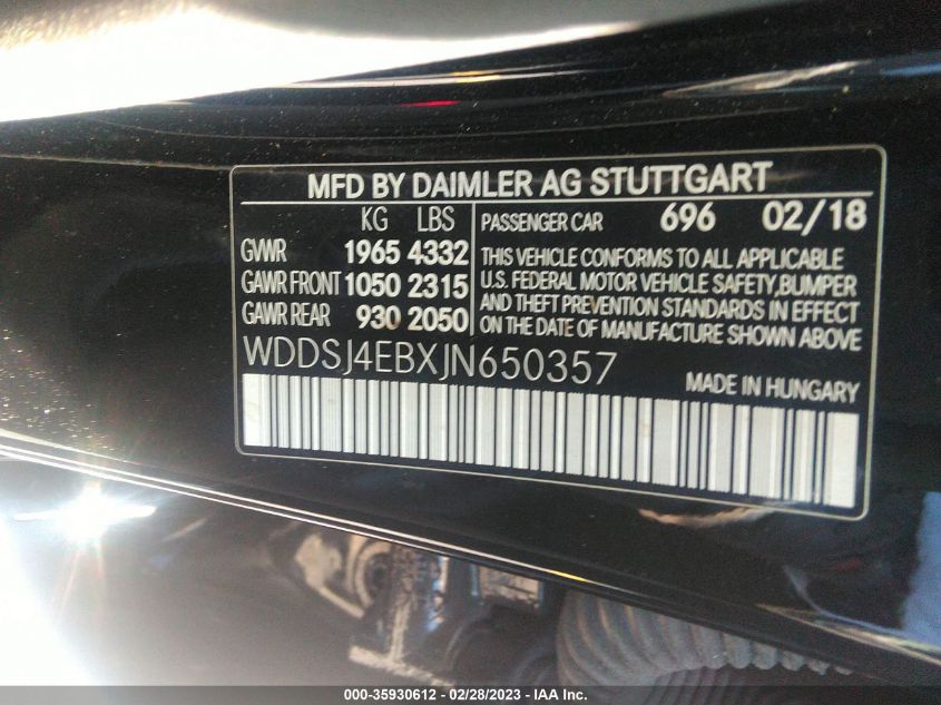 WDDSJ4EBXJN650357 2018 Mercedes-Benz Cla Cla 250