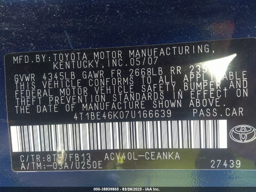 4T1BE46K07U166639 2007 Toyota Camry Ce