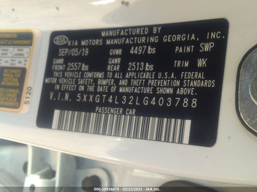 2020 Kia Optima Lx VIN: 5XXGT4L32LG403788 Lot: 35934478