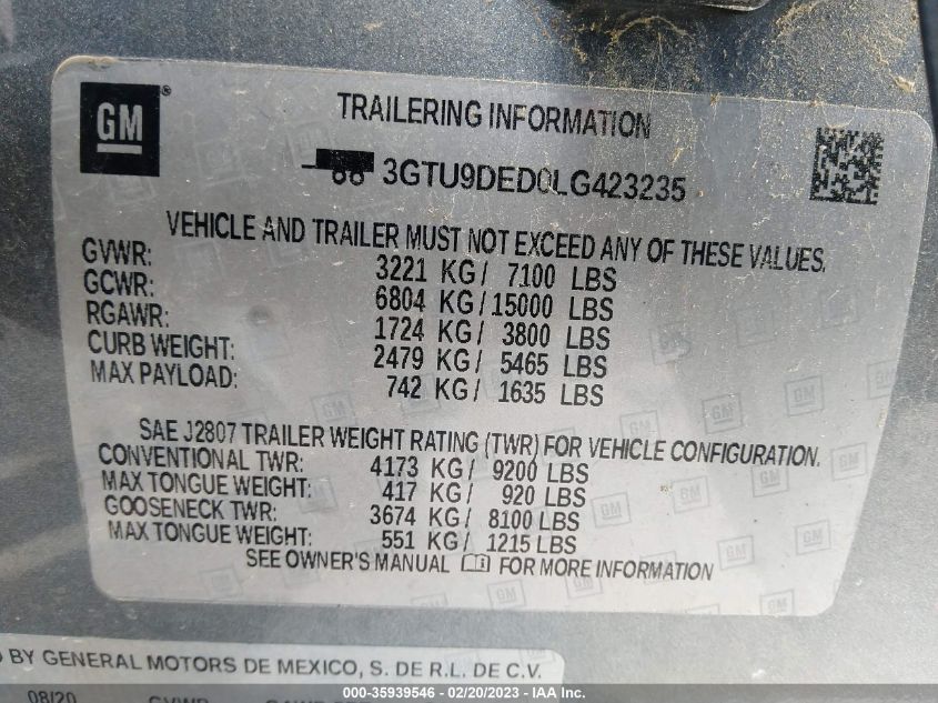 2020 GMC Sierra 1500 Slt VIN: 3GTU9DED0LG423235 Lot: 35939546
