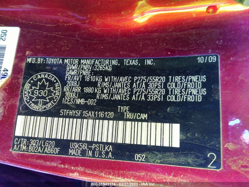 2010 Toyota Tundra 4Wd Truck Ltd VIN: 5TFHY5F15AX116120 Lot: 35943174