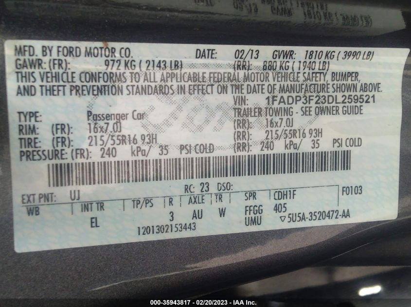 2013 Ford Focus Se VIN: 1FADP3F23DL259521 Lot: 35943817