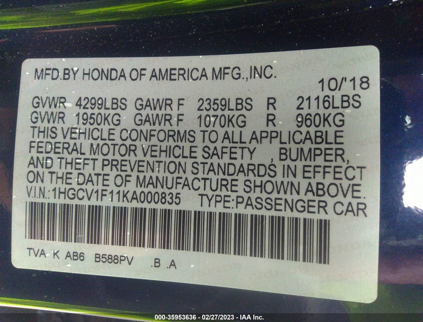 1HGCV1F11KA000835