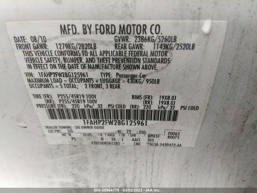 1FAHP2FW2BG125961 2011 Ford Taurus Limited