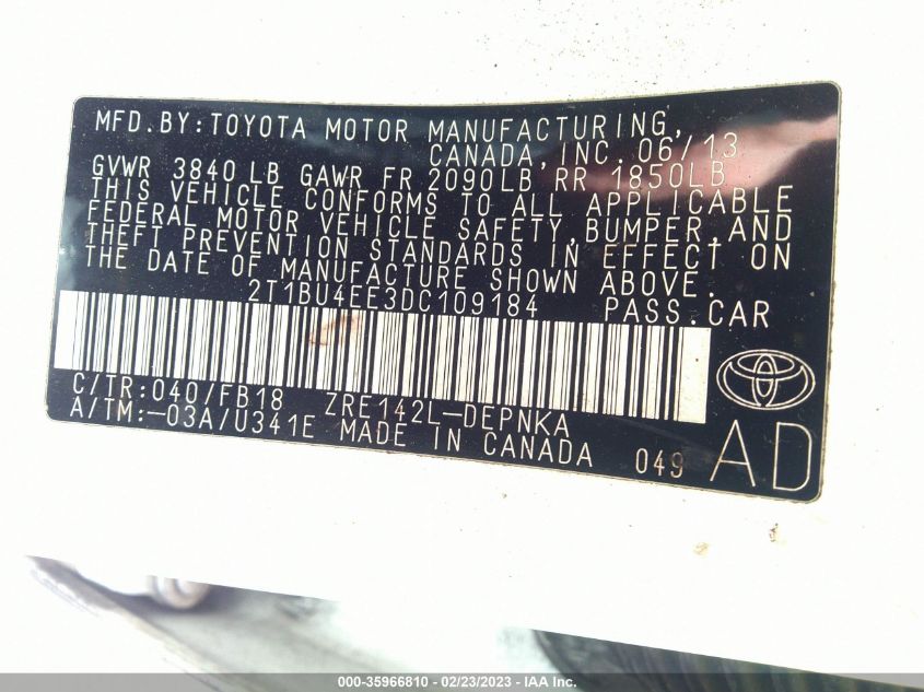 2T1BU4EE3DC109184 2013 Toyota Corolla Le