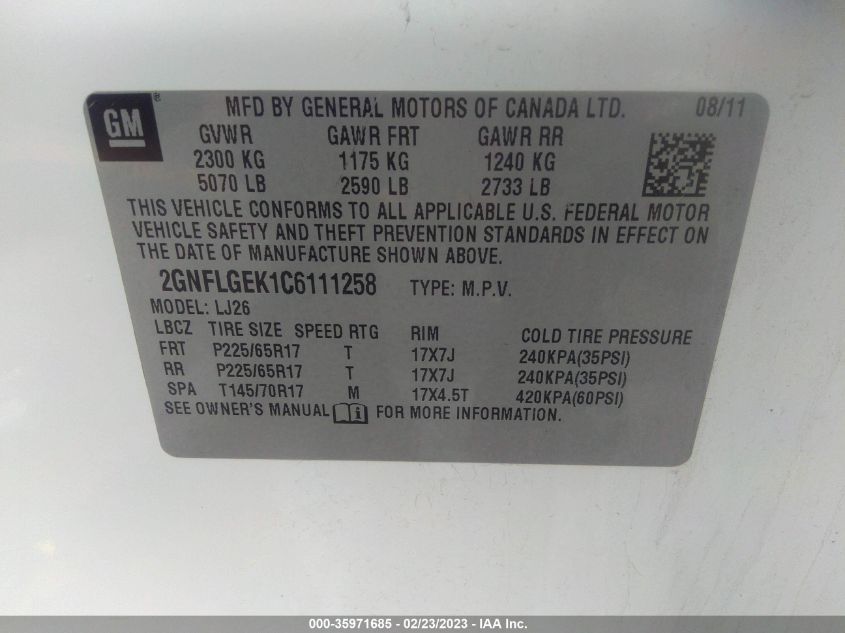 2012 Chevrolet Equinox Ltz VIN: 2GNFLGEK1C6111258 Lot: 35971685