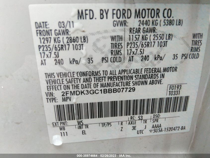 2FMDK3GC1BBB07729 2011 Ford Edge Se