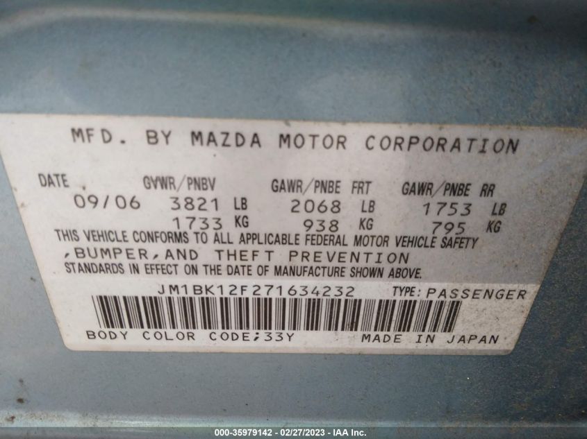2007 Mazda Mazda3 I Touring VIN: JM1BK12F271634232 Lot: 35979142