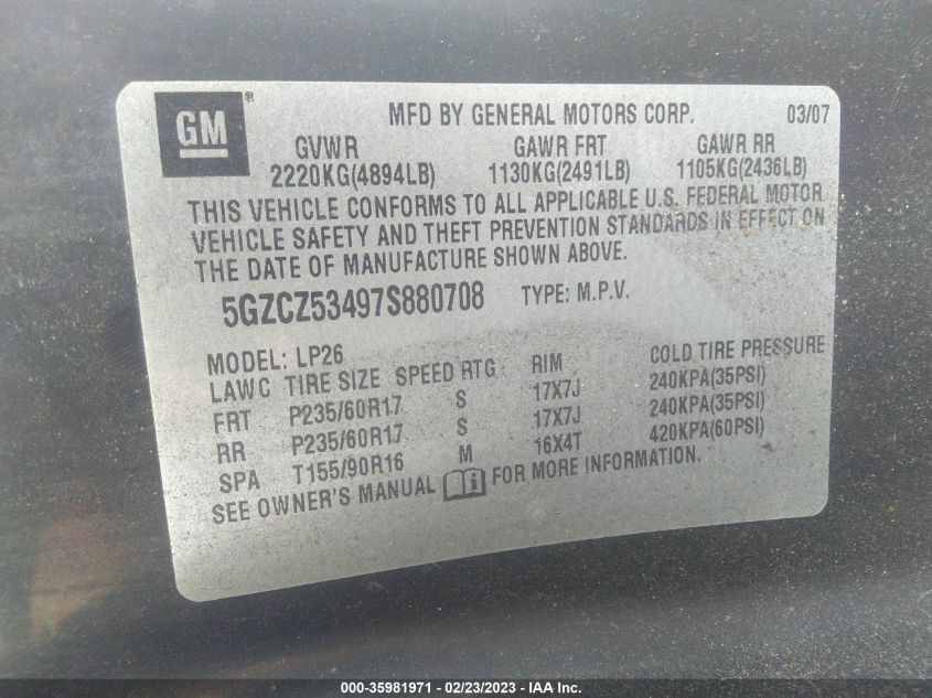 2007 Saturn Vue V6 VIN: 5GZCZ53497S880708 Lot: 35981971
