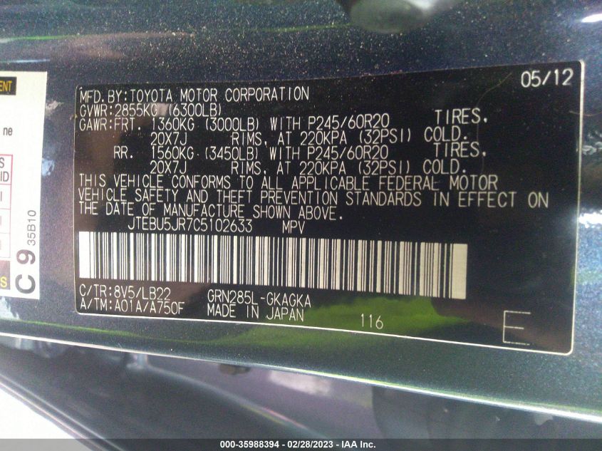 2012 Toyota 4Runner Limited VIN: JTEBU5JR7C5102633 Lot: 35988394