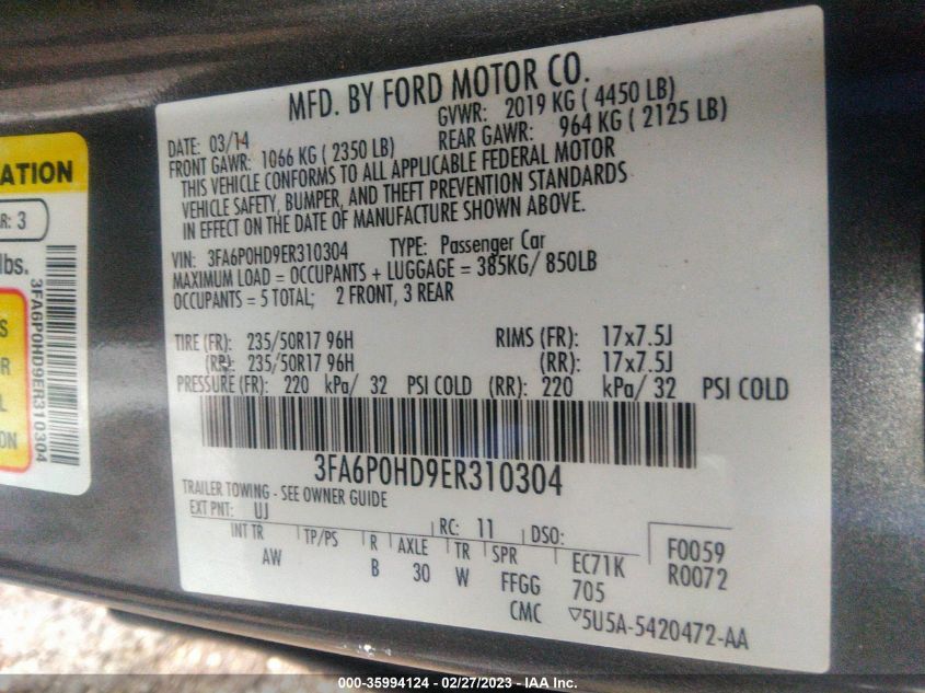 3FA6P0HD9ER310304 2014 Ford Fusion Se