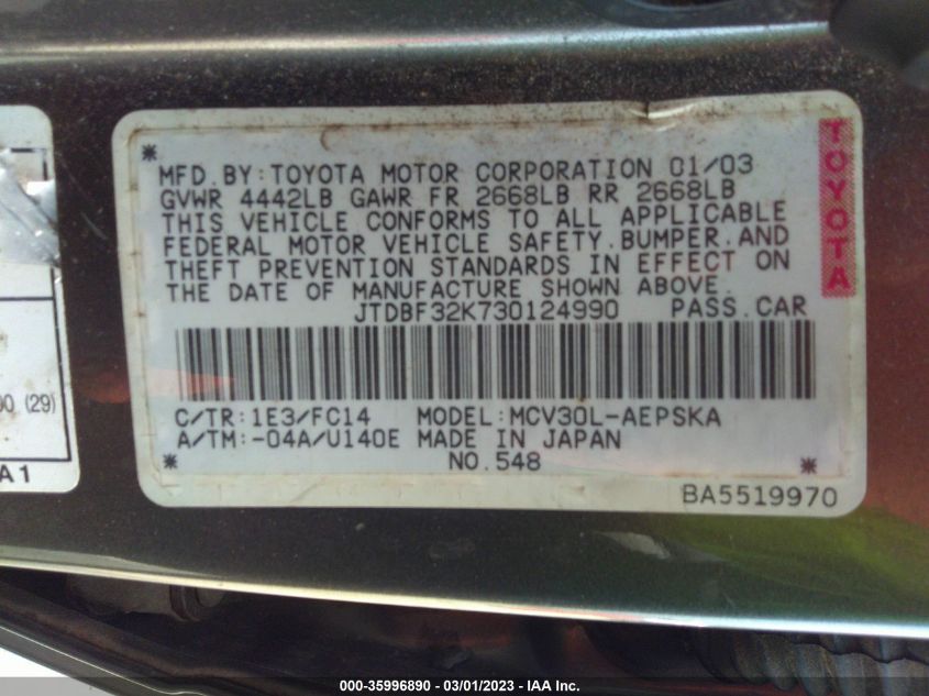 2003 Toyota Camry Se VIN: JTDBF32K730124990 Lot: 40456643