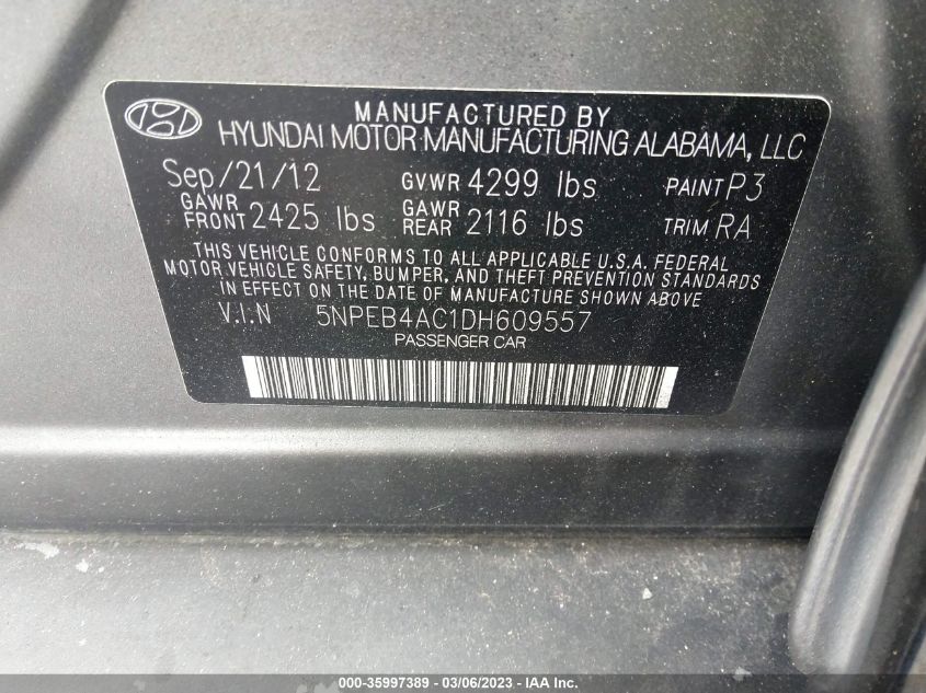 2013 Hyundai Sonata Gls VIN: 5NPEB4AC1DH609557 Lot: 35997389