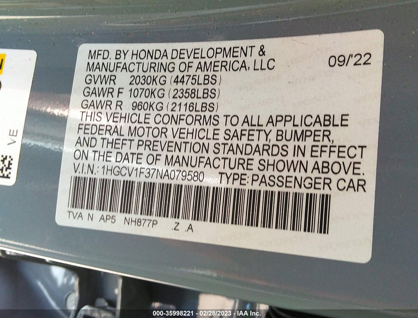 1HGCV1F37NA079580
