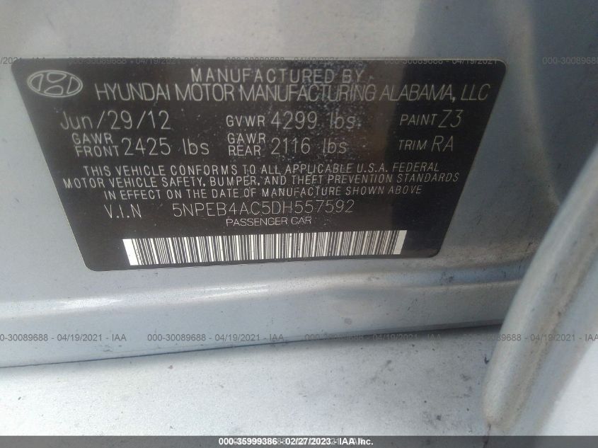 5NPEB4AC5DH557592 2013 Hyundai Sonata Gls