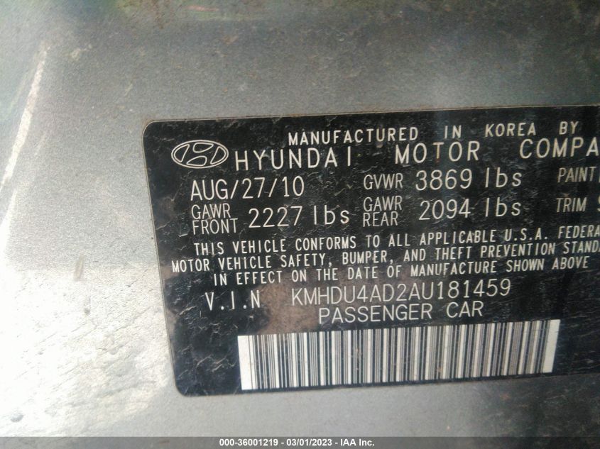 KMHDU4AD2AU181459 2010 Hyundai Elantra Gls