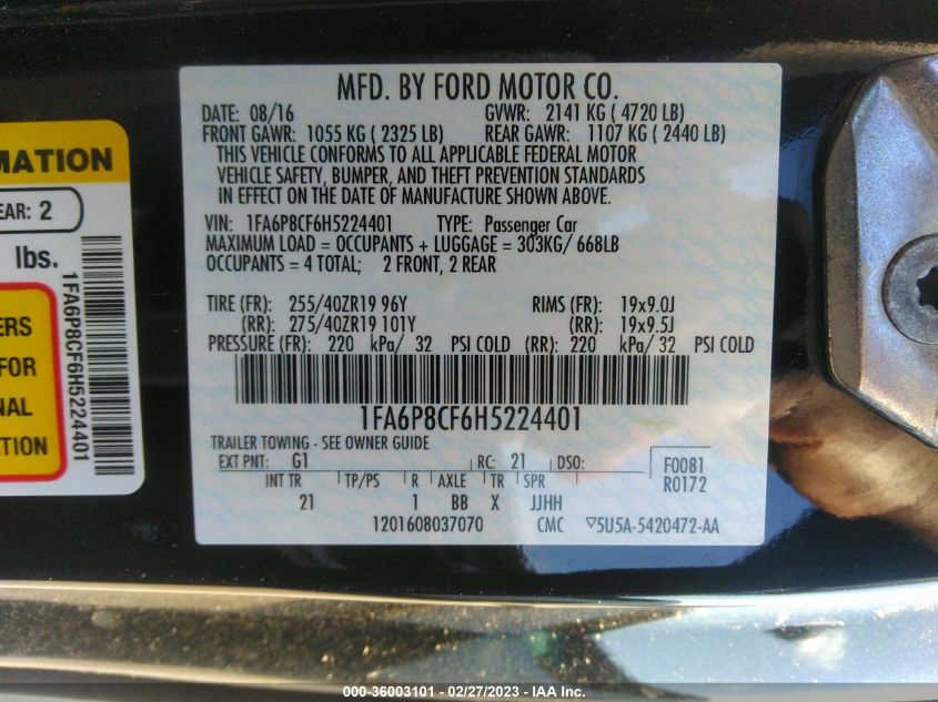 2017 Ford Mustang Gt VIN: 1FA6P8CF6H5224401 Lot: 36003101