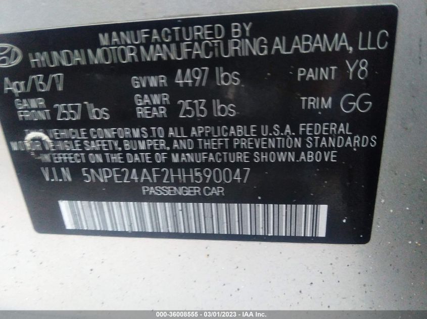 2017 Hyundai Sonata 2.4L VIN: 5NPE24AF2HH590047 Lot: 36008555