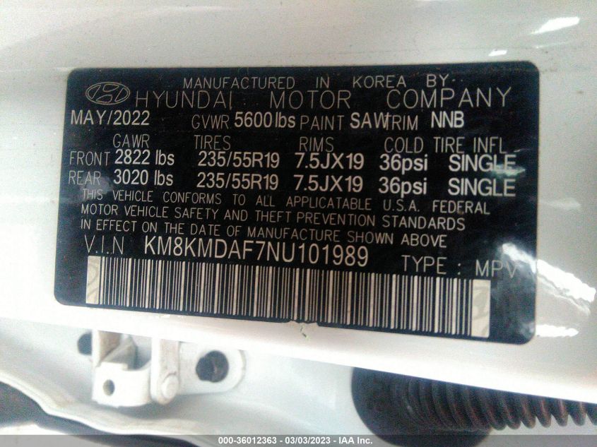 2022 Hyundai Ioniq 5 Se VIN: KM8KMDAF7NU101989 Lot: 36012363