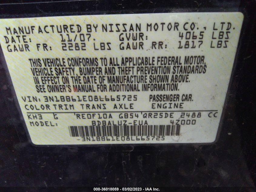 2008 Nissan Sentra Se-R VIN: 3N1BB61E08L665725 Lot: 36018059