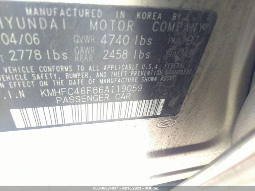 KMHFC46F86A119059 2006 Hyundai Azera Limited/Se