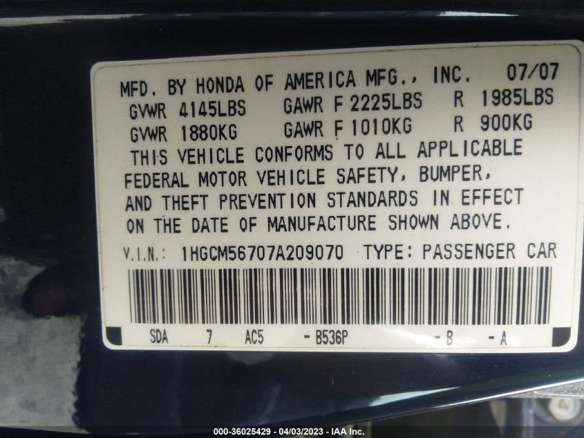 2007 Honda Accord 2.4 Ex VIN: 1HGCM56707A209070 Lot: 36025429