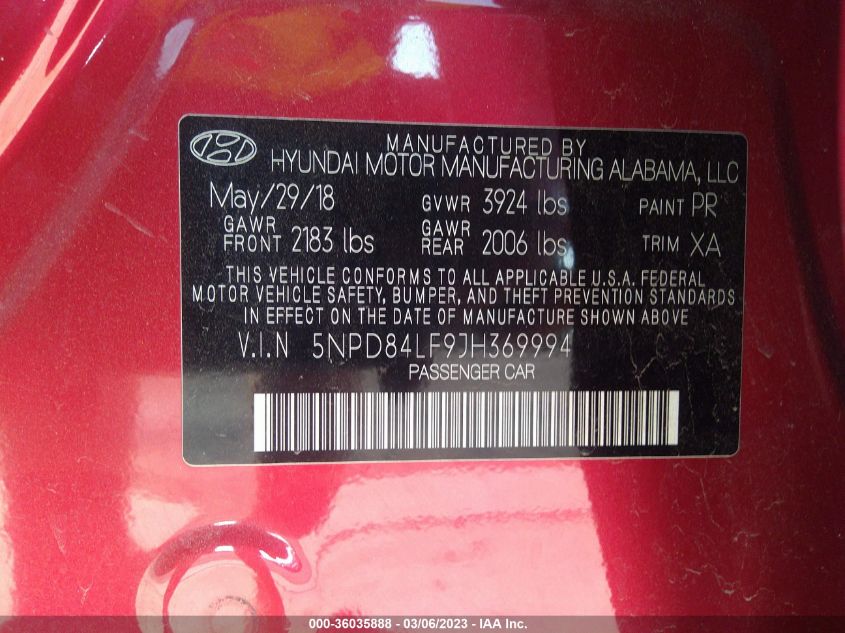 5NPD84LF9JH369994 2018 Hyundai Elantra Sel