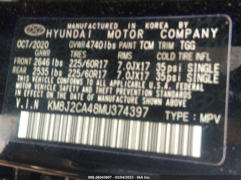 KM8J2CA48MU374397 2021 Hyundai Tucson Se