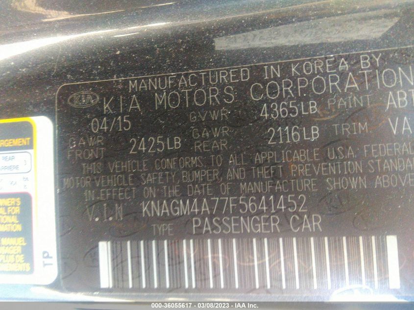 KNAGM4A77F5641452 2015 Kia Optima Lx