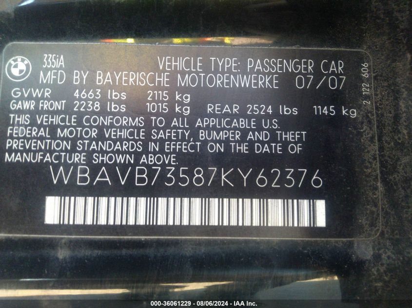 2007 BMW 335I VIN: WBAVB73587KY62376 Lot: 36061229
