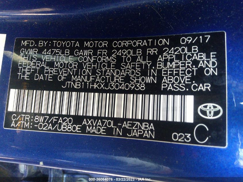 JTNB11HKXJ3040938 2018 Toyota Camry Le