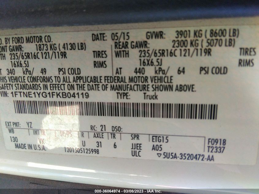 2015 Ford Transit-150 VIN: 1FTNE1YG1FKB04119 Lot: 36064974