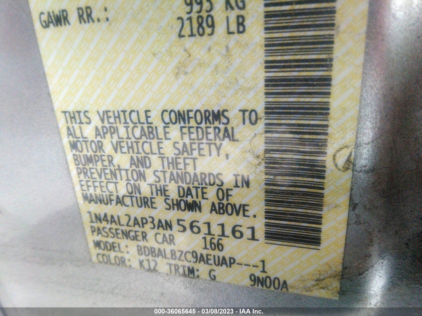 2010 Nissan Altima 2.5 S VIN: 1N4AL2AP3AN561161 Lot: 36065645