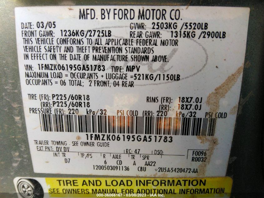 1FMZK06195GA51783 2005 Ford Freestyle Limited