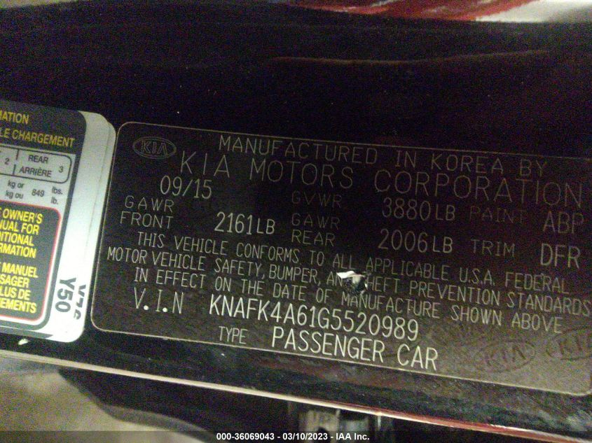 KNAFK4A61G5520989 2016 Kia Forte Lx