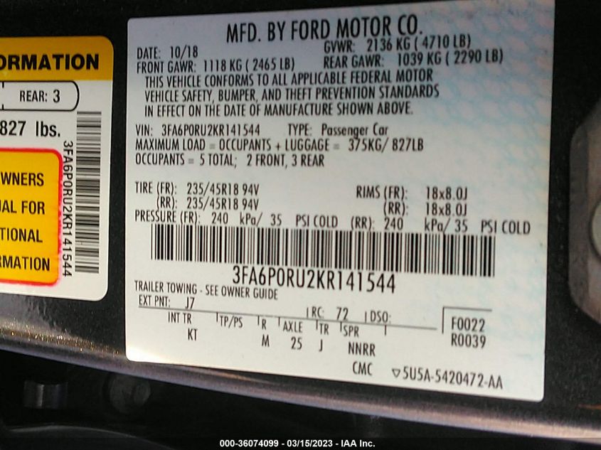 3FA6P0RU2KR141544 2019 Ford Fusion Hybrid Titanium