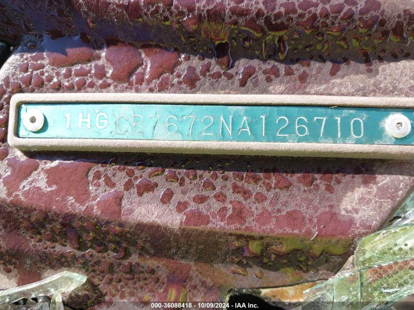 1992 Honda Accord Ex VIN: 1HGCB7672NA126710 Lot: 36088418