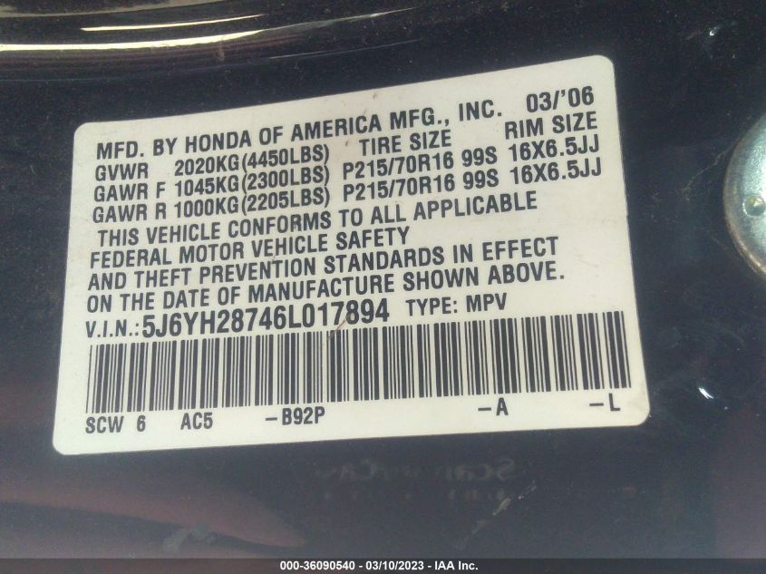 2006 Honda Element Ex-P VIN: 5J6YH28746L017894 Lot: 36090540