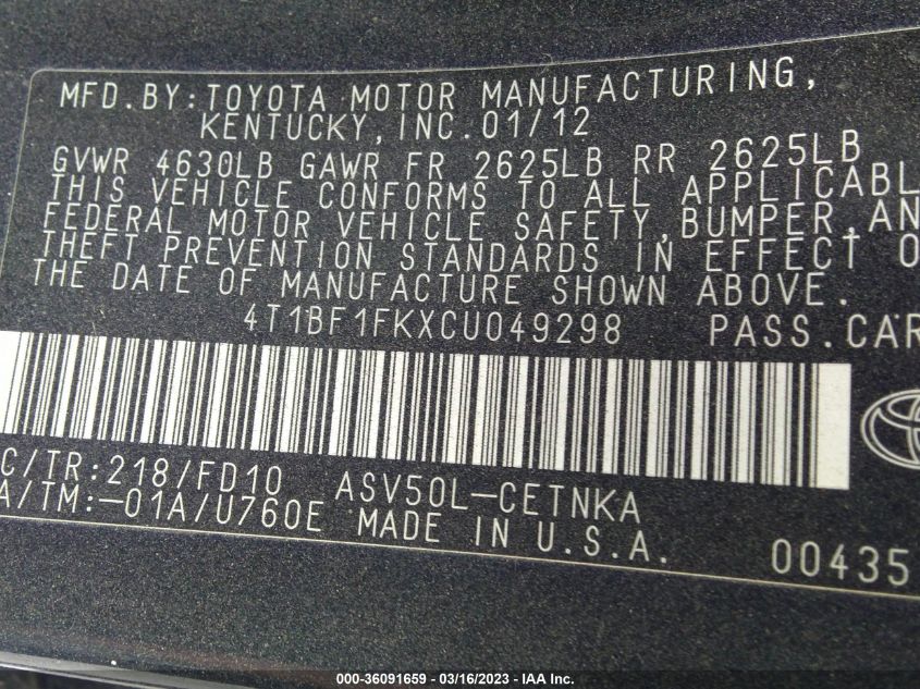 4T1BF1FKXCU049298 2012 Toyota Camry Le